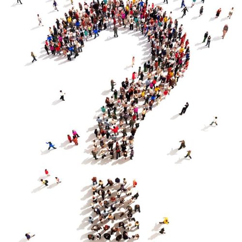 Large group of people with questions,  thinking concept, or quest for answers on a white background.